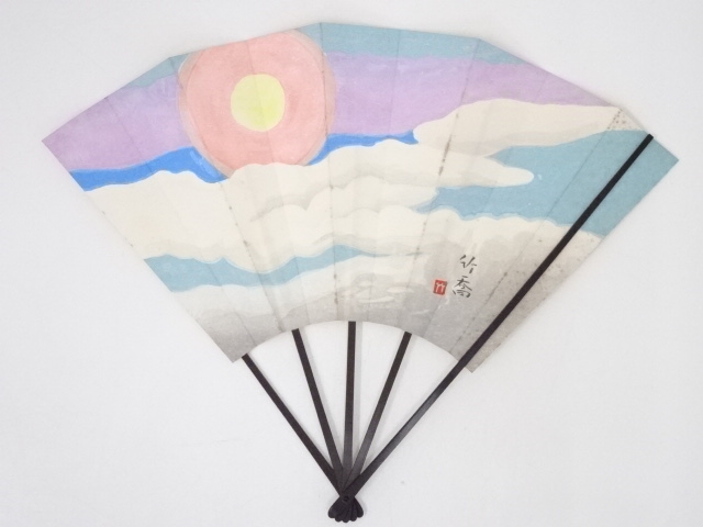 JAPANESE ART / ORNAMENTAL FOLDING FAN WITH RISING SUN / PRINTED 